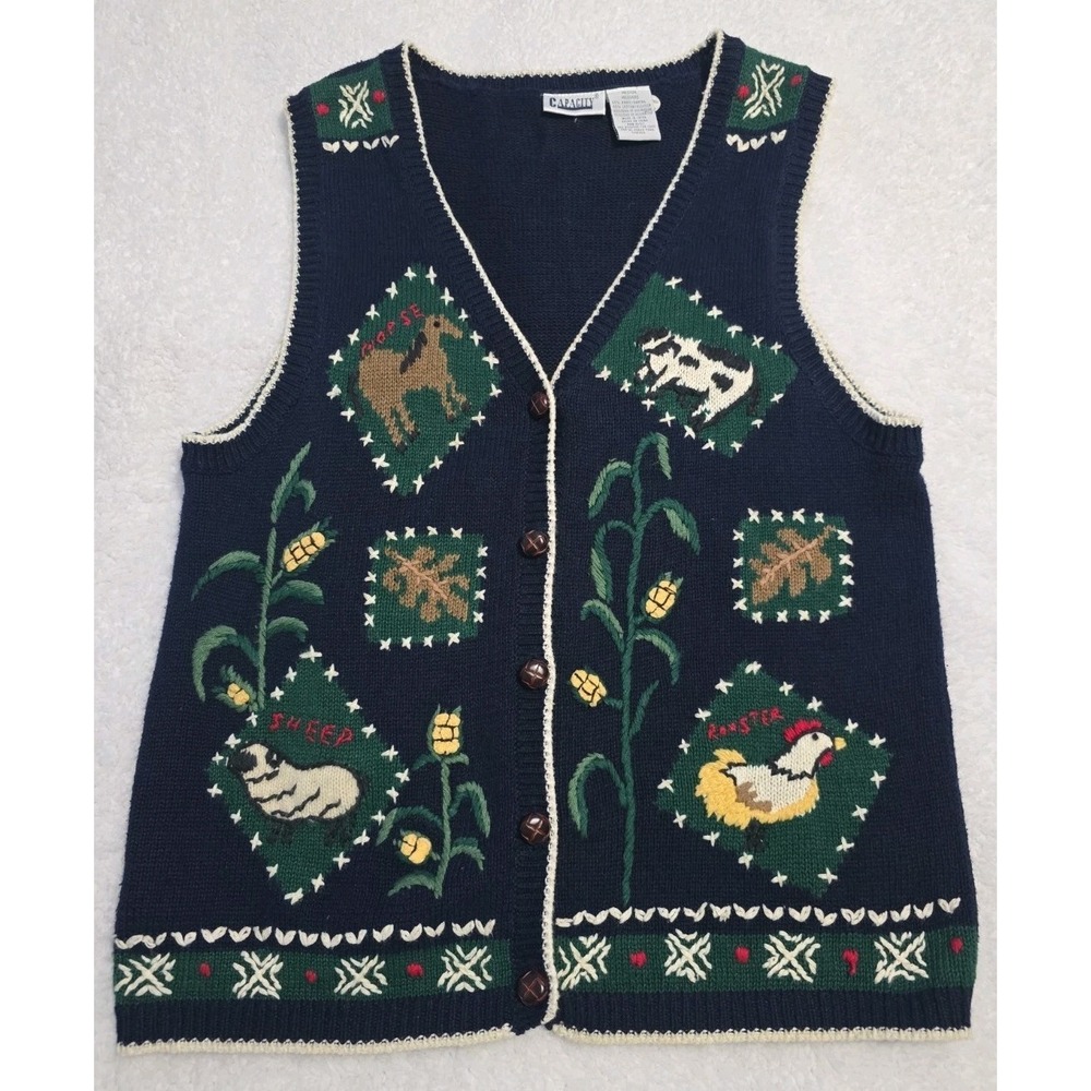 VTG 90s Capacity Farm Animal Knit Sweater Vest Medium Grandma Core Cute Cozy